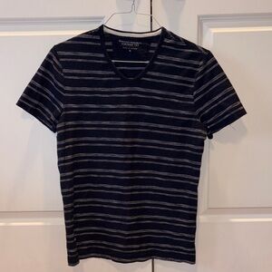 Banana Republic Men's Navy and White Striped V-Neck Tee